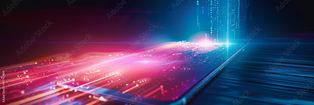 Poster a smartphone displays a vibrant holographic interface with futuristic technology, featuring neon col