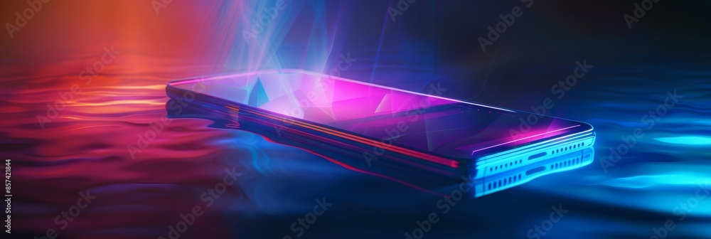 Poster a futuristic smartphone with a vibrant holographic interface projected from its screen, floating on 