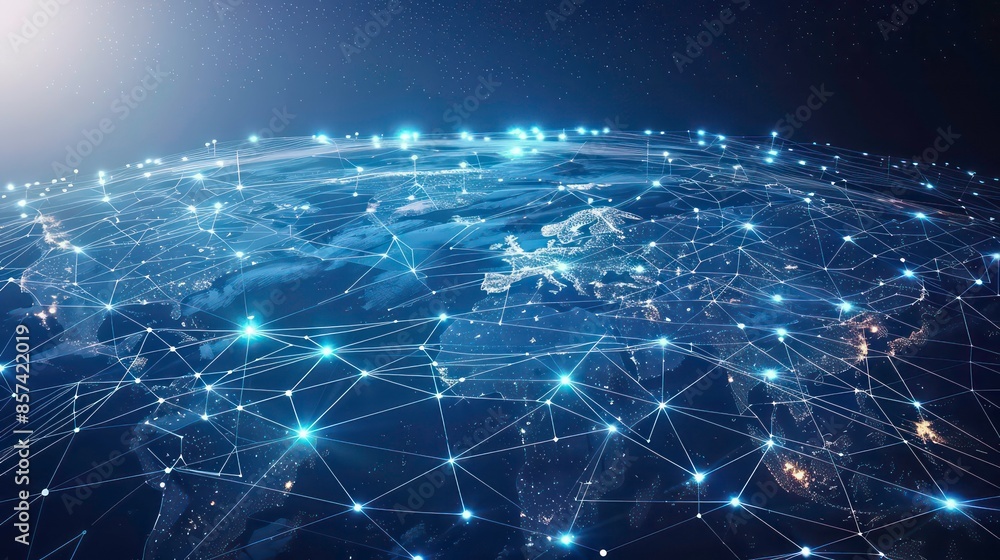 Poster global world network and telecomunication on network of iot, blockchain with data exchanges over the