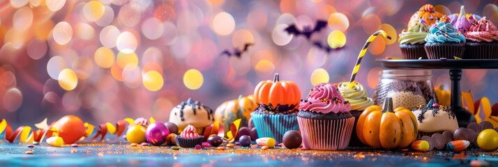 A high-angle shot of a festive Halloween party table decorated with colorful candy cupcakes and themed decorations