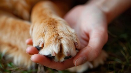 This photograph captures the tender moment of a human gently cradling a dog's paw in their palm, reflecting trust and affection.