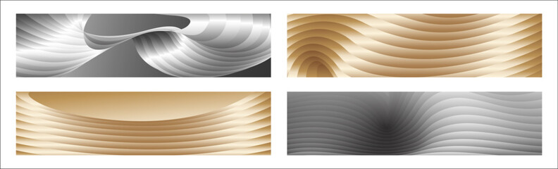 Wavy golden parallel gradient lines, ribbons, silk. Golden with shades of yellow background, banner, poster. Set of 4 backgrounds. Eps vector