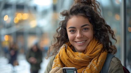 Fototapeta premium A young woman stands outside on a chilly day, holding her phone and smiling warmly, dressed in a cozy scarf and stylish winter clothing.