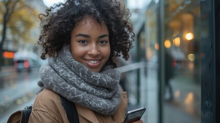 A woman stands smiling with her phone at a bus stop on a rainy day, wrapped in a warm scarf, exuding happiness and warmth amid the rain.