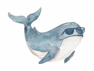 Fototapeta premium Children's drawing of a whale in watercolor style. Cute sea animal isolated on white background. Illustration for cover, card, postcard, interior design, decor or print.