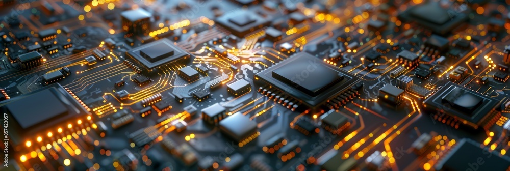 Poster close-up macro shot shows microchips linked by intricate circuitry on a circuit board. the top view 