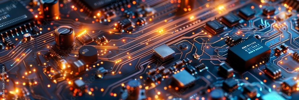 Poster a macro photo of a circuit board showing a network of interconnected microchips, with an overhead vi