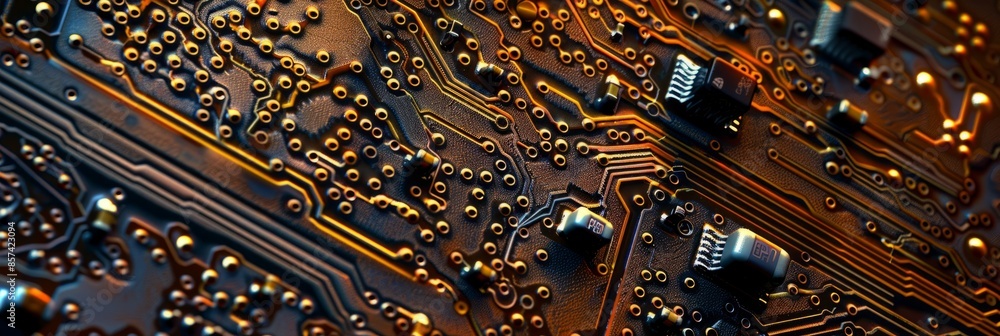 Poster close-up view of a circuit board showcasing a network of interconnected microchips. the overhead per