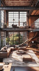Modern industrial loft with large windows and cozy furniture