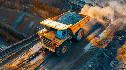 Hauling ore in a huge dump truck over the terraced paths of a deep open pit mine. The concept of developing a deposit of something. Large-scale mining operations. Illustration for varied design.