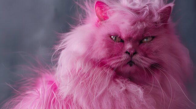 Realistic photo of a pink cat with intense makeup and professional hair