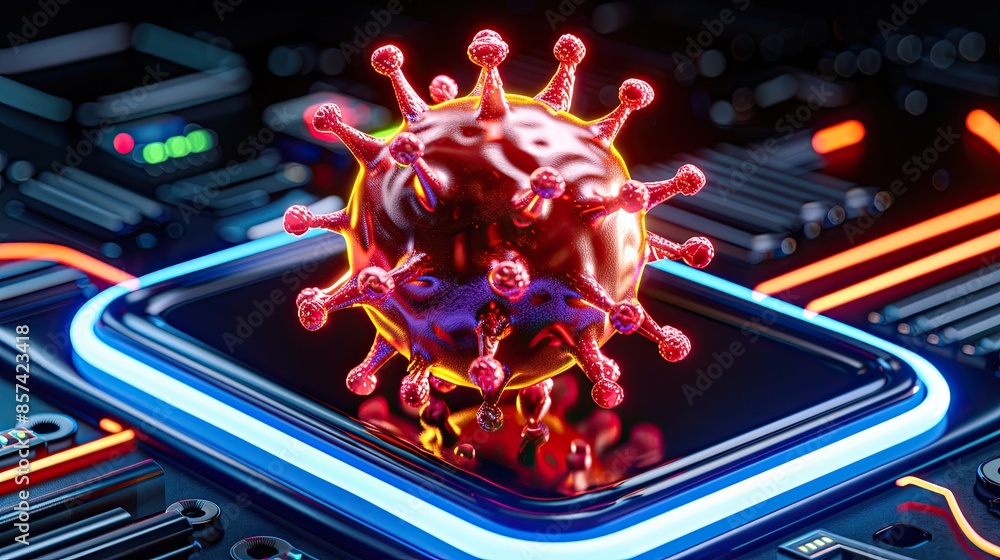 Poster a vivid 3d rendering of a virus on a smartphone screen, representing the concept of digital threats 