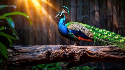 Obraz premium A vibrant peacock perched on a log, illuminated by sunlight with lush greenery and a rustic background, symbolizing nature and beauty.