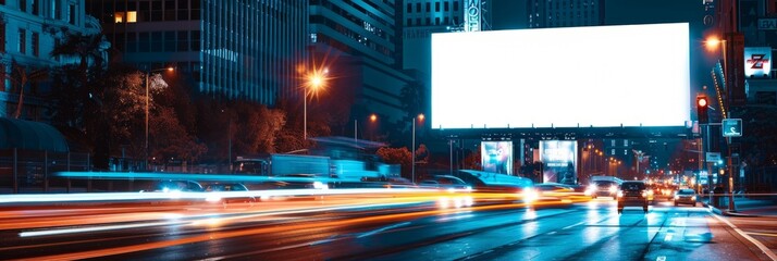 A large, blank digital billboard poster is illuminated at night at a busy city street intersection. Traffic streaks through the intersection, creating a blur of light
