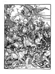 Apocalypse woodcut by Albrecht, Dürer, print, bible, testament, black and transparent background, PNG
