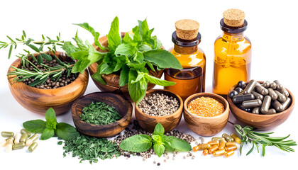 Concept of herbal medicine pills on white background