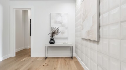 Stylish minimalist hallway, adorned with grid wallpaper, a sleek console table, and modern art pieces, creating a warm and inviting entry