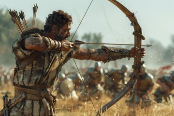 An archer in the heat of battle, aiming his bow with precision and focus, amidst a chaotic battlefield scene filled with warriors and combat.

