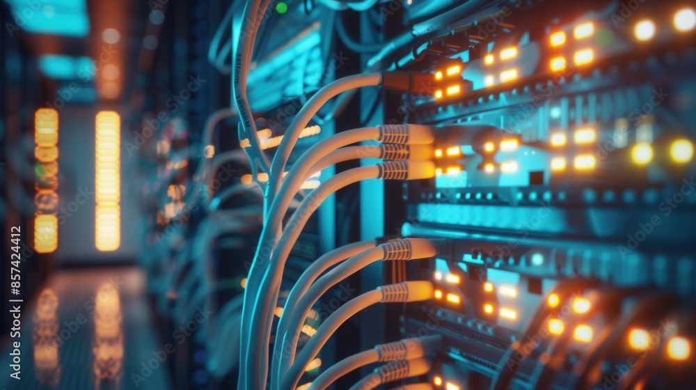 Poster close-up of server racks in a data center with glowing lights and white cables connected.