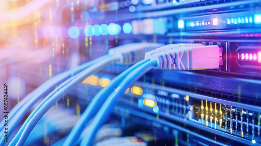 Poster close-up of a server rack with multiple network cables connected, illuminated with vibrant blue and 