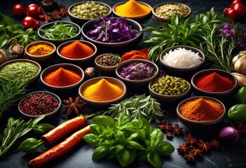 various herbs spices scattered elegant marble background, ingredients, seasoning, variety, aromatic, culinary, classy, sophisticated, surface, backdrop
