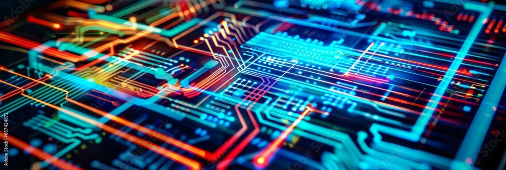 Poster a visually striking abstract composition of glowing digital circuit patterns overlaid on a tablet sc