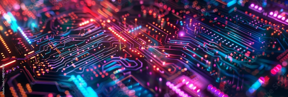 Poster abstract image showcasing glowing digital circuit patterns overlaid on a tablet screen, creating a v