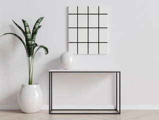 Welcoming minimalist hallway with grid-style wallpaper, elegant console table, and modern artwork, a perfect blend of function and style