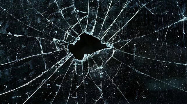 Broken glass on a dark background. After the impact, the glass surface has cracks diverging from the point of impact or bullet hit. The concept of destruction, vulnerability and fragility of existence