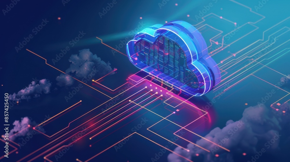 Poster a glowing blue cloud computing icon sits on a network of glowing red and yellow lines, symbolizing t