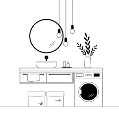 Modern bathroom interior with mirror, vessel sink, washing machine. Vector illustration. Line art