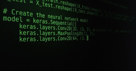 3D animation showing lines of code being typed on the screen. The code is related to setting up and training a neural network model using TensorFlow and Keras libraries. The text appears line by line