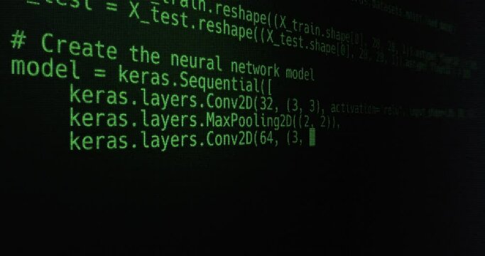 3D animation showing lines of code being typed on the screen. The code is related to setting up and training a neural network model using TensorFlow and Keras libraries. The text appears line by line