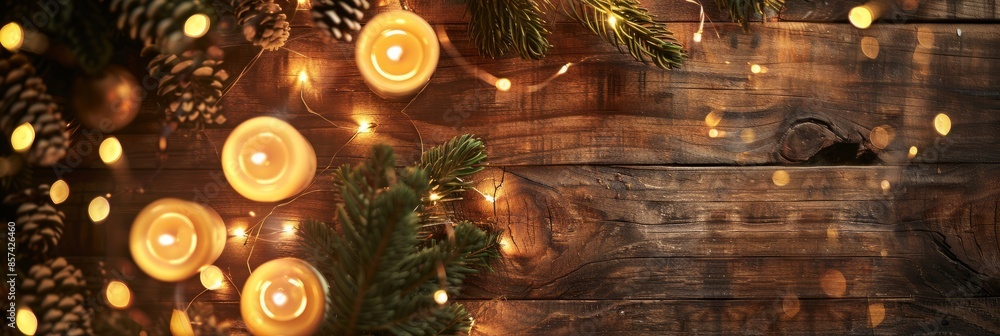 Poster an overhead photograph of a rustic wooden table with glowing candles and pine branches, creating a c