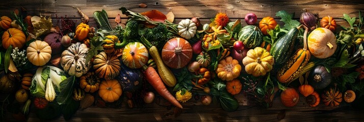 An overhead shot showcasing a variety of fresh autumn vegetables and fruits arranged on a rustic wooden table. The image highlights the vibrant colors and textures of the seasonal harvest © Elmira