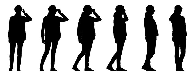 Vector concept conceptual black silhouette of a woman with  glasses walking from different perspectives isolated on white background. A metaphor for relaxation, comfortable, practical and lifestyle