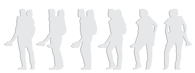 Vector conceptual gray paper cut silhouette of a father playing with his daughter from different perspectives isolated on white. A metaphor for parenting, fatherhood, childhood, family and love