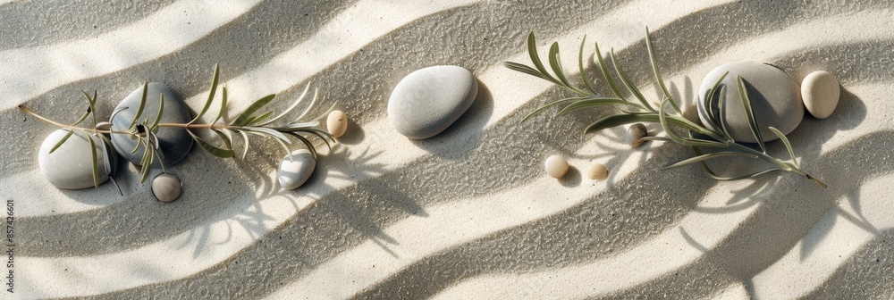 Poster an overhead view of a tranquil botanical arrangement featuring sage twigs and smooth pebbles scatter