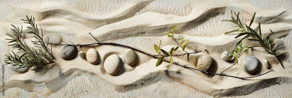 Poster an overhead view of a botanical arrangement featuring sage twigs and pebble rocks scattered on textu