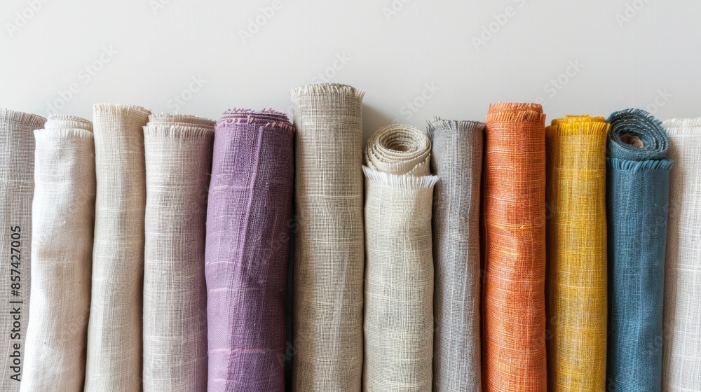 Poster a variety of fabric rolls are neatly arranged in a row on a white surface. the rolls feature a diver