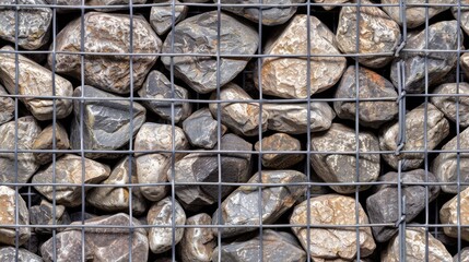 A close-up image of smooth, grey river rocks held in place by a black metal grid SEAMLESS PATTERN