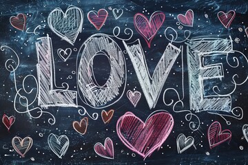 An illustration depicting two hearts on a blackboard surrounded by the word LOVE is hand drawn in chalk