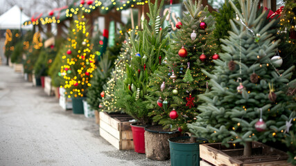 Festive market selling Christmas trees adorned with colorful decorations and lights. Rows of vibrant, decorated fir trees create a joyful holiday atmosphere