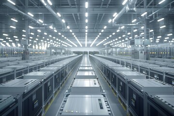 Fototapeta premium A vast, high-tech data center filled with rows of servers under bright, even lighting, showcasing the scale and efficiency of modern data storage infrastructure.