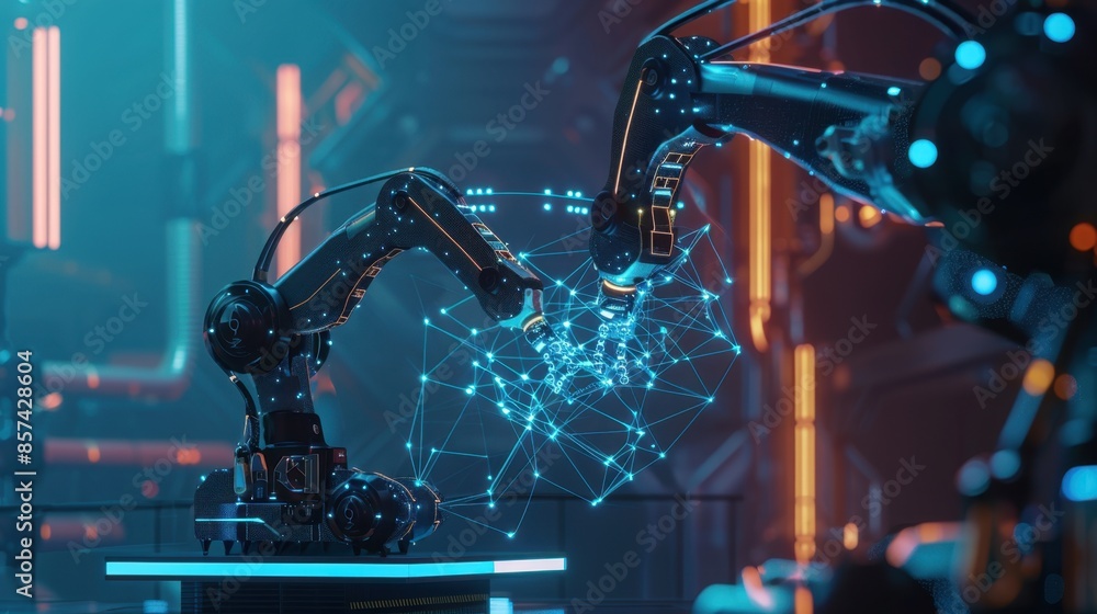 Poster two robotic arms with glowing blue lights are connected by a digital network in a futuristic setting