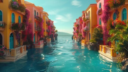 Colorful buildings with vibrant bougainvillea line a canal filled with clear blue water, creating a picturesque and serene scene.

