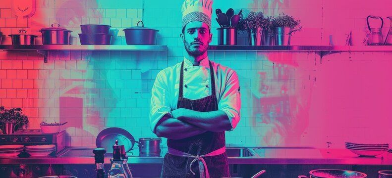 Portrait of a male chef standing in a commercial kitchen.