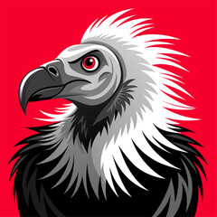 A cartoon vulture with red eyes is depicted against a red background
