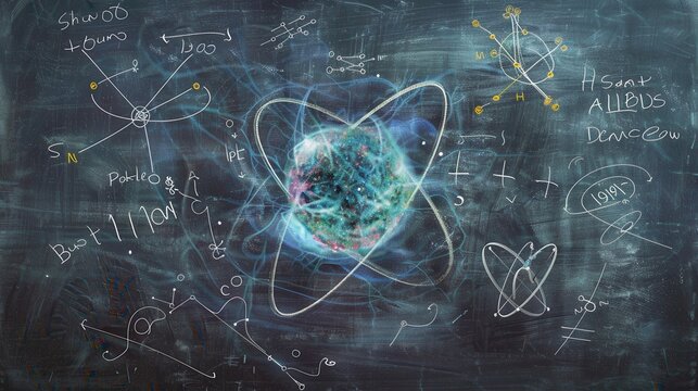 An image showcasing a dark blue chalkboard filled with handwritten scientific diagrams, equations, and symbols, featuring a prominent atom-like structure in the center. - Powered by Adobe