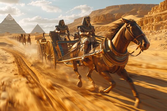 Ancient Egyptian chariots race through the desert near the pyramids, driven by armored warriors. The scene captures the speed and power of ancient Egyptian warfare.

